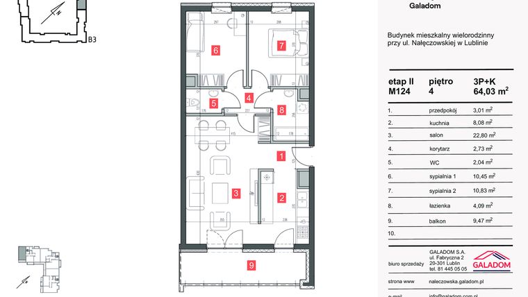 Rzut - Mieszkanie na sprzedaż 3 pokoje o powierzchni 64,03 m² - numer M-124 w Nałęczowska etap II