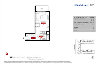 Rzut - Mieszkanie na sprzedaż 1 pokój o powierzchni 34,32 m² - numer L2.130 w Wieża Jeżyce etap VI