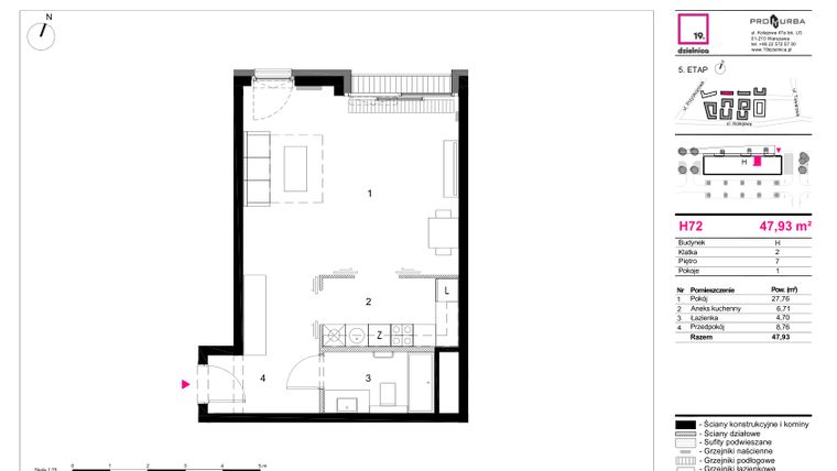 Rzut - Mieszkanie na sprzedaż 1 pokój o powierzchni 47,93 m² - numer H72 w 19. Dzielnica Etap V