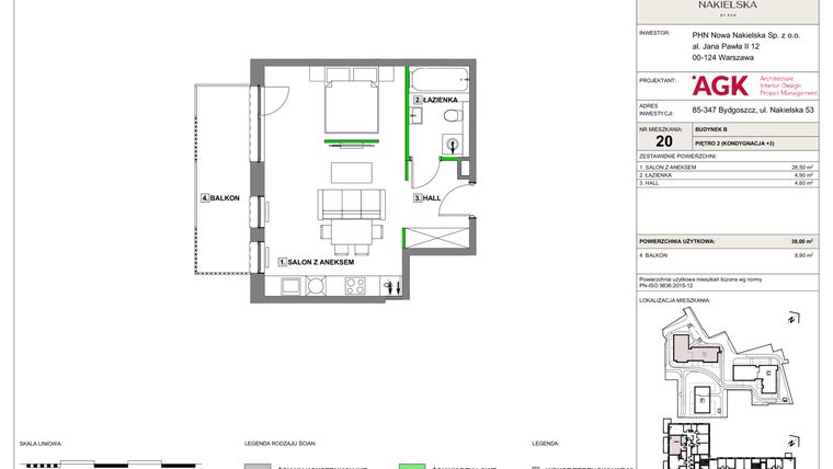 Rzut - Mieszkanie na sprzedaż 1 pokój o powierzchni 38 m² - numer NN-B-LM-20 w Nowa Nakielska by PHN