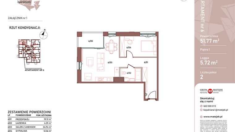Rzut - Mieszkanie na sprzedaż 2 pokoje o powierzchni 51,77 m² - numer 6 w Kopalniana
