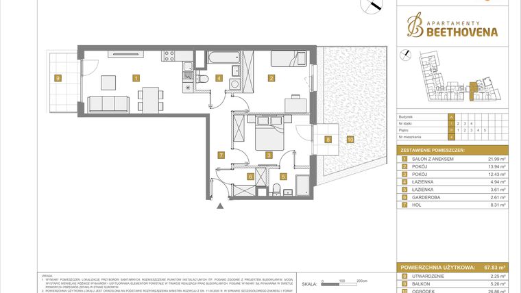 Rzut - Mieszkanie na sprzedaż 3 pokoje o powierzchni 67,83 m² - numer A4 w Apartamenty Beethovena