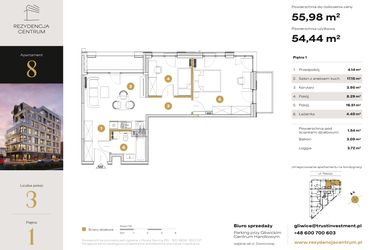 Rzut - Mieszkanie na sprzedaż 3 pokoje o powierzchni 55,98 m² - numer 8 w Rezydencja Centrum