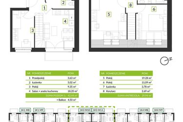 Rzut - Mieszkanie na sprzedaż 4 pokoje o powierzchni 73,04 m² - numer 1K3 M12 w Osiedle Krzeptów przy lesie