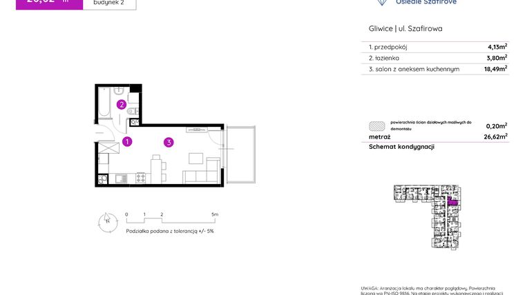 Rzut - Mieszkanie na sprzedaż 1 pokój o powierzchni 26,62 m² - numer 2.A.3.02 w Murapol Osiedle Szafirove II
