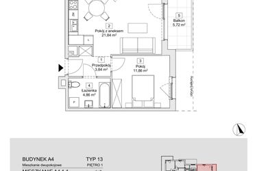 Rzut - Mieszkanie na sprzedaż 2 pokoje o powierzchni 42,4 m² - numer A4.1.1 w Zacisze Marcelin IIIa