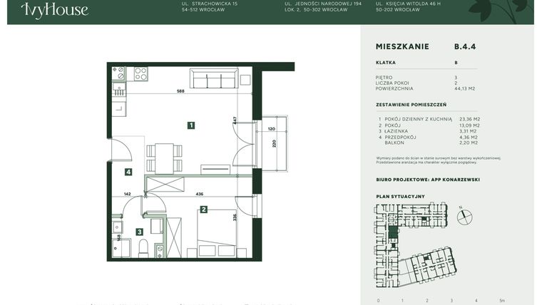 Rzut - Mieszkanie na sprzedaż 2 pokoje o powierzchni 44,13 m² - numer B.4.4 w IVY HOUSE