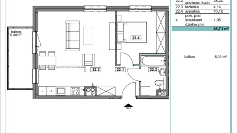 Rzut - Mieszkanie na sprzedaż 2 pokoje o powierzchni 46,74 m² - numer F.22 w Osiedle Kościuszki