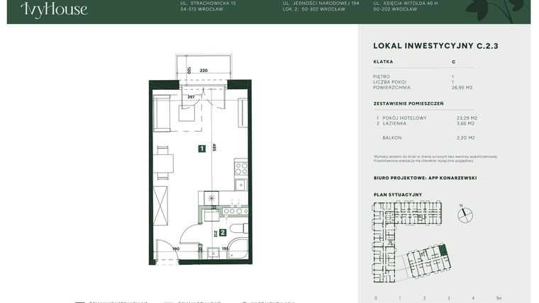 Rzut - Mieszkanie na sprzedaż 1 pokój o powierzchni 26,95 m² - numer C.2.3 w IVY HOUSE - Apartamenty inwestycyjne