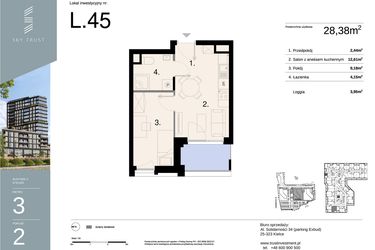 Rzut - Mieszkanie na sprzedaż 2 pokoje o powierzchni 28,38 m² - numer L45 w Sky Trust etap II - apartamenty inwestycyjne 23% VAT PRS