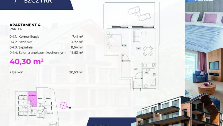 Rzut - Mieszkanie na sprzedaż 2 pokoje o powierzchni 40,3 m² - numer 4 w Novy Szczyrk