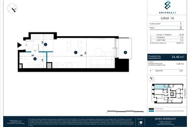 Rzut - Mieszkanie na sprzedaż 1 pokój o powierzchni 34,48 m² - numer M16 w Krypska 33