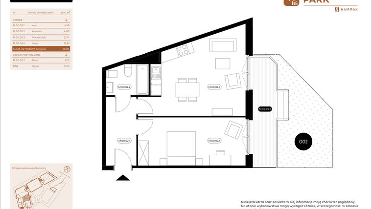 Rzut - Mieszkanie na sprzedaż 2 pokoje o powierzchni 50,05 m² - numer 0.02 w Białoprądnicka Park