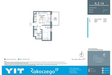 Rzut - Mieszkanie na sprzedaż 1 pokój o powierzchni 30,38 m² - numer A.2.14 w Rakoczego 17
