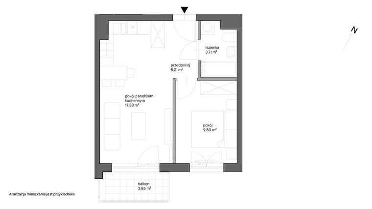 Rzut - Mieszkanie na sprzedaż 2 pokoje o powierzchni 36,1 m² - numer B.008 w Słoneczne Miasteczko - etap XV