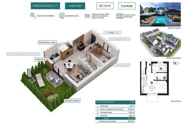Rzut - Mieszkanie na sprzedaż 2 pokoje o powierzchni 34,43 m² - numer E1/1 w Bałtycka Oaza