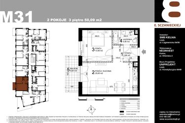 Rzut - Mieszkanie na sprzedaż 2 pokoje o powierzchni 50,09 m² - numer M31 w Sczanieckiej 8