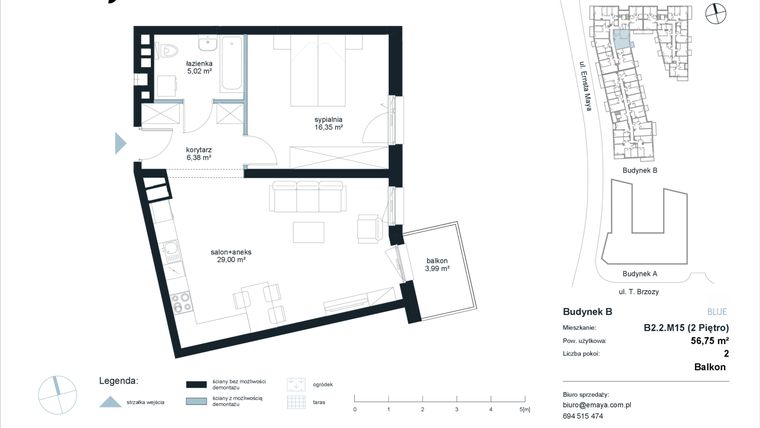 Rzut - Mieszkanie na sprzedaż 2 pokoje o powierzchni 56,75 m² - numer B2.2.M15 w EMaya