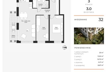 Rzut - Mieszkanie na sprzedaż 3 pokoje o powierzchni 63,83 m² - numer 32 w Bytkowska 3.0