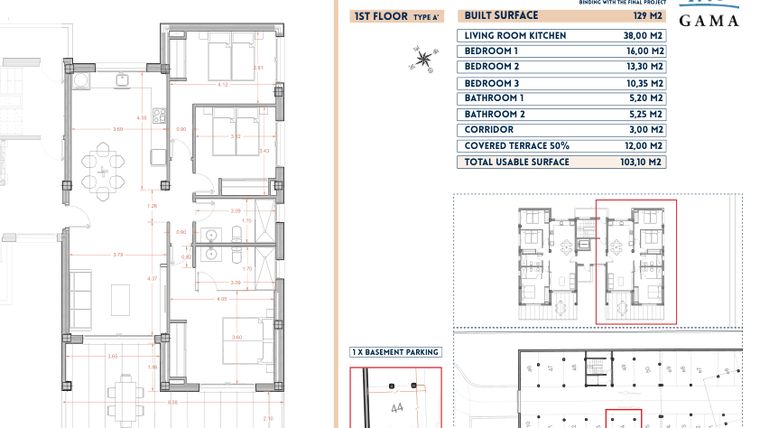 Rzut - Mieszkanie na sprzedaż 3 pokoje o powierzchni 129 m² - numer 44 w Velapi II - Murcia