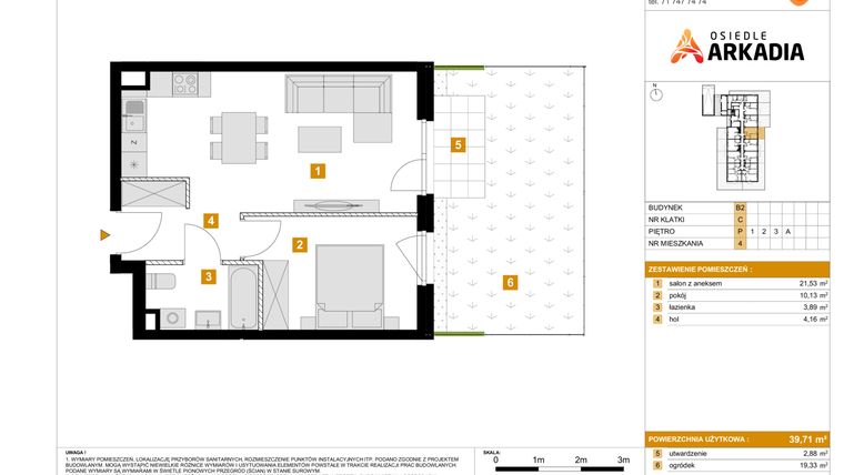 Rzut - Mieszkanie na sprzedaż 2 pokoje o powierzchni 39,71 m² - numer 4 w Osiedle Arkadia