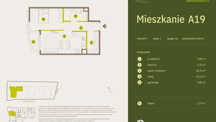 Rzut - Mieszkanie na sprzedaż 2 pokoje o powierzchni 47,89 m² - numer A19 w Osiedle Imbramowskie
