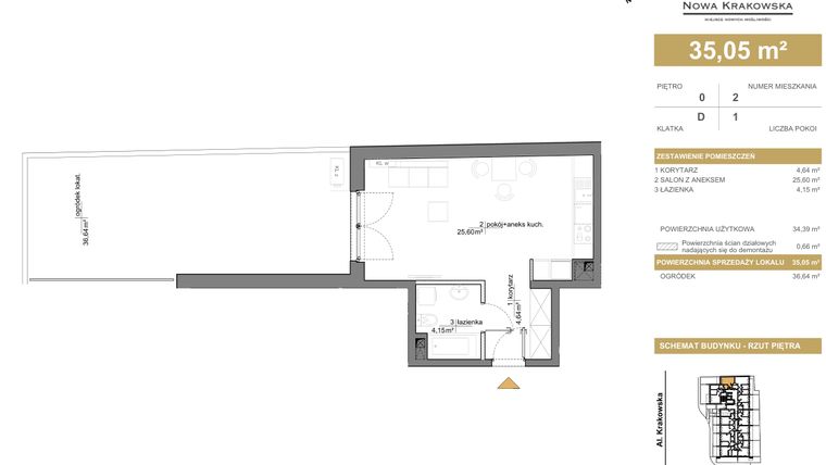Rzut - Mieszkanie na sprzedaż 1 pokój o powierzchni 35,05 m² - numer D.0.2 w Nowa Krakowska