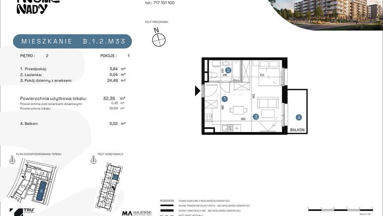 Rzut - Mieszkanie na sprzedaż 1 pokój o powierzchni 32,36 m² - numer B.1.2.M33 w Nowe Promenady etap II