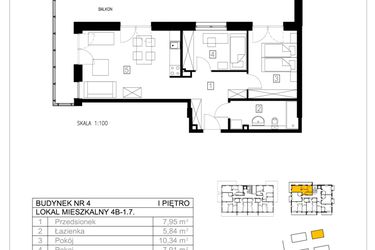 Rzut - Mieszkanie na sprzedaż 3 pokoje o powierzchni 53,4 m² - numer 4B-1.7 w Gardenia Pogodno