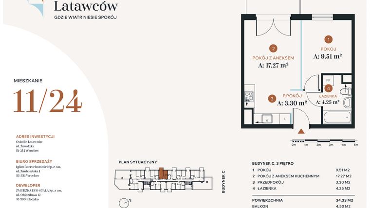 Rzut - Mieszkanie na sprzedaż 2 pokoje o powierzchni 34,33 m² - numer C11-24 w Osiedle Latawców