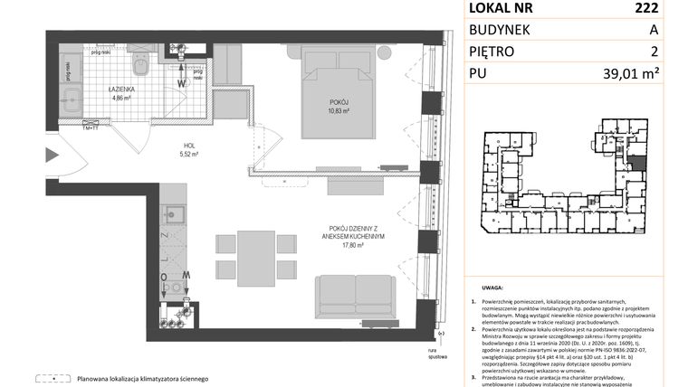 Rzut - Mieszkanie na sprzedaż 1 pokój o powierzchni 39,01 m² - numer A.222 w Esencja - Apartamenty inwestycyjne
