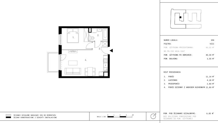 Rzut - Mieszkanie na sprzedaż 2 pokoje o powierzchni 40,04 m² - numer 8.A34-359 w Jurowiecka 22