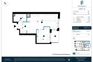 Rzut - Mieszkanie na sprzedaż 2 pokoje o powierzchni 44,67 m² - numer M12 w Krypska 33