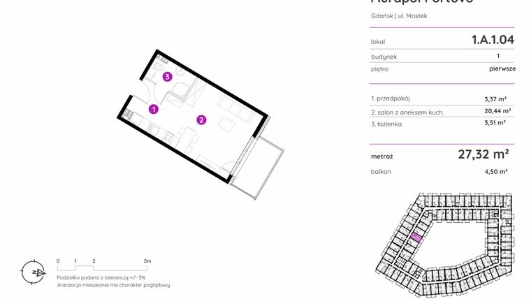Rzut - Mieszkanie na sprzedaż 1 pokój o powierzchni 27,32 m² - numer 1.A.1.04 w Murapol Portovo etap II