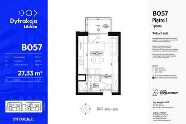 Rzut - Mieszkanie na sprzedaż 1 pokój o powierzchni 27,33 m² - numer B057 w Dyfrakcja Łódzka