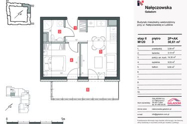 Rzut - Mieszkanie na sprzedaż 2 pokoje o powierzchni 30,61 m² - numer M-120 w Nałęczowska etap II