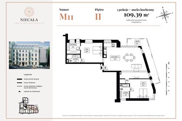 Rzut - Mieszkanie na sprzedaż 3 pokoje o powierzchni 109,38 m² - numer 11 w Niecała Prestige Residence