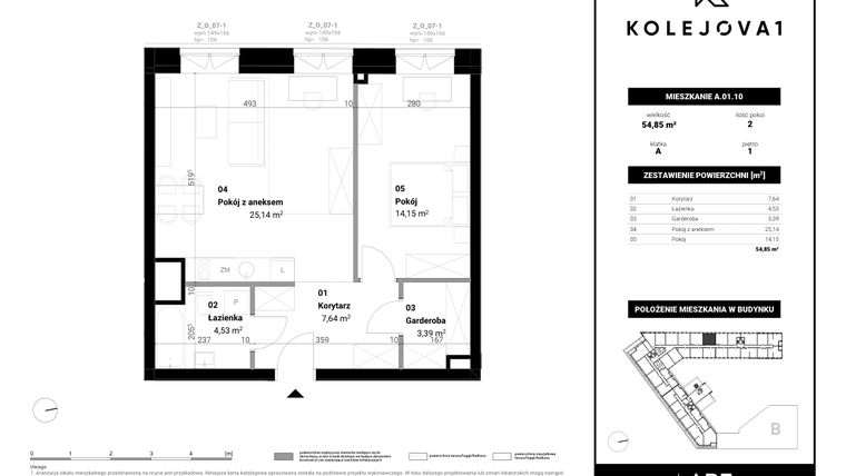 Rzut - Mieszkanie na sprzedaż 2 pokoje o powierzchni 54,85 m² - numer A-01-10 w Kolejova 1