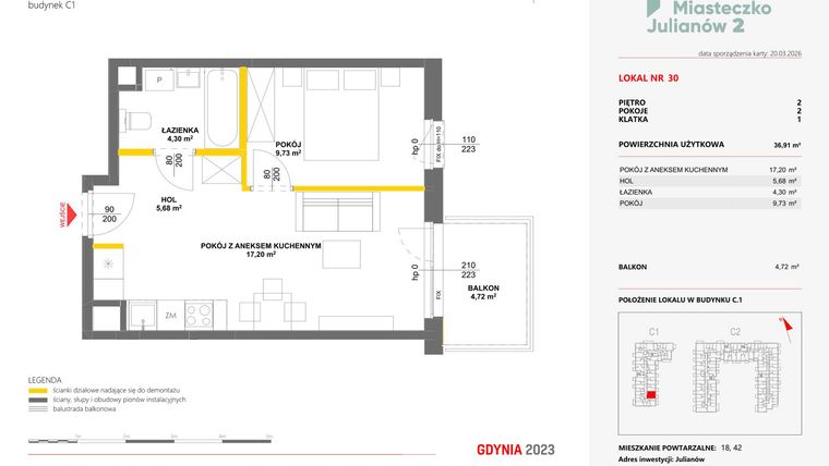 Rzut - Mieszkanie na sprzedaż 2 pokoje o powierzchni 36,91 m² - numer 30 w Miasteczko Julianów etap 2