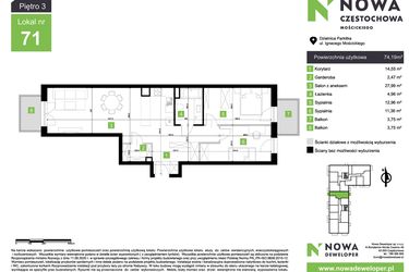 Rzut - Mieszkanie na sprzedaż 3 pokoje o powierzchni 74,19 m² - numer M71 w Nowa Częstochowa Mościckiego