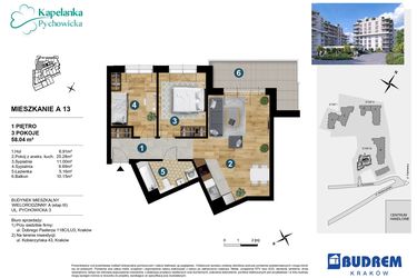 Rzut - Mieszkanie na sprzedaż 3 pokoje o powierzchni 58,04 m² - numer A.13 w Kapelanka-Pychowicka Etap III