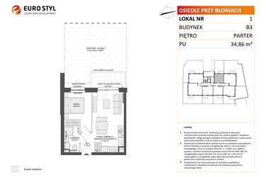 Rzut - Mieszkanie na sprzedaż 2 pokoje o powierzchni 34,86 m² - numer B3.1 w Osiedle Przy Błoniach 3 etap III