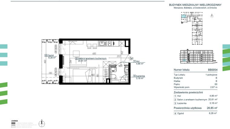 Rzut - Mieszkanie na sprzedaż 1 pokój o powierzchni 28,85 m² - numer BB0054 w Orneko