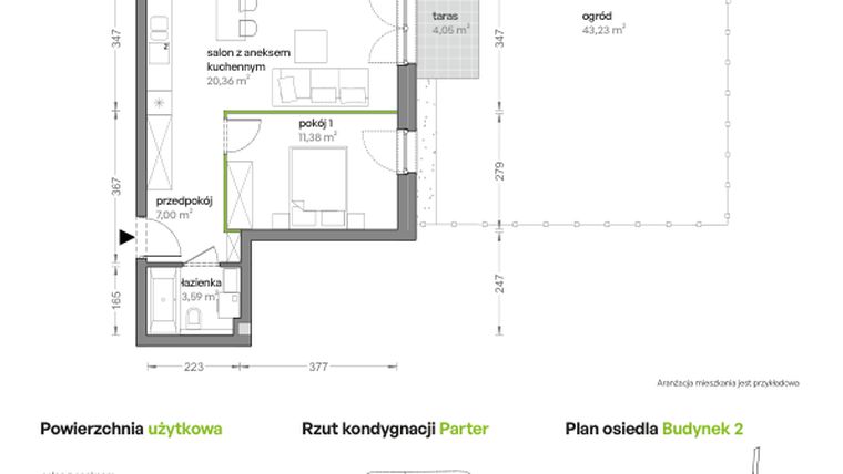 Rzut - Mieszkanie na sprzedaż 2 pokoje o powierzchni 42,33 m² - numer B2/A/07 w Ceglana Park