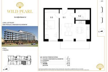 Rzut - Mieszkanie na sprzedaż 2 pokoje o powierzchni 47,12 m² - numer 2.5 w Wild Pearl - apartamenty inwestycyjne