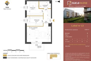 Rzut - Mieszkanie na sprzedaż 3 pokoje o powierzchni 55,88 m² - numer 13 w Stacja Błonie etap II