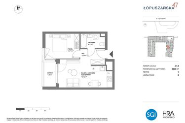 Rzut - Mieszkanie na sprzedaż 2 pokoje o powierzchni 40,69 m² - numer J.1.5 w Łopuszańska 47 - etap 3