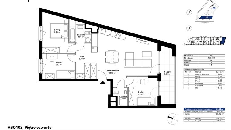 Rzut - Mieszkanie na sprzedaż 4 pokoje o powierzchni 81,02 m² - numer AB0402 w NU2 Warszawa Wola