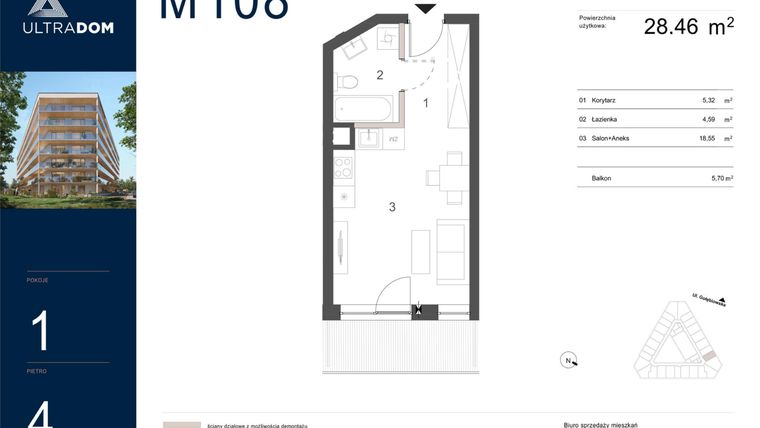 Rzut - Mieszkanie na sprzedaż 1 pokój o powierzchni 28,46 m² - numer M108 w Ultradom