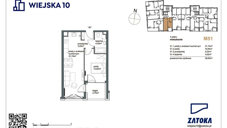 Rzut - Mieszkanie na sprzedaż 2 pokoje o powierzchni 39,63 m² - numer M51 w Wiejska 10